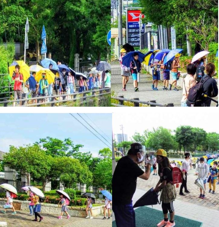아이치(愛知)현 도요타시립도지야마(豊田市立童子山) 초등학교에서는 열사병 예방과 아동들 간의 거리 확보를 위해 ‘우산을 쓰고’ 등학교 하도록 지도하고 있다. (이미지: 도요타시립도지야마 초등학교 홈페이지)