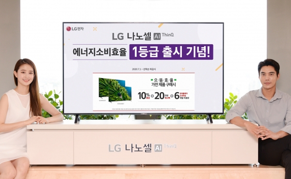 모델이 에너지 소비효율 1등급을 받은 2020년형 'LG 나노셀 TV(시리즈명: NANO87)' 신제품을 소개하고 있다. (LG전자 제공)