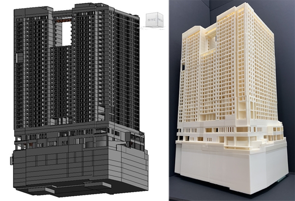 BIM 모델링 화면(왼쪽), 3D 프린팅 기술로 디지털 목업 적용한 원효로 '역세권 청년주택’ 이미지 (롯데건설 제공)